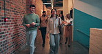 Business people, office talk and hallway at a creative company agency with staff and walking. Communication, cooperation and workforce of public relations workplace at startup with management