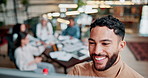 Meeting, business people and collaboration in boardroom for brainstorming, ideas or planning project. Whiteboard, bokeh and happy man with diverse staff for marketing strategy, budget review or write