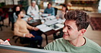 Meeting, business people and teamwork in boardroom for brainstorming, ideas or planning project. Whiteboard, diversity and happy man with colleagues for marketing strategy, budget review or writing