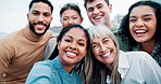 Teamwork, funny face and selfie of happy business people for collaboration, support and about us. Startup, diversity and portrait of men and women for team building, solidarity and social media