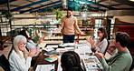 Applause, interior design and business people in meeting with palette, pattern and color for agency. Creative company, celebrate and workers with documents for planning, collaboration and teamwork