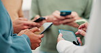 Business people, hands and networking with phone for communication, data share or sync. Closeup of employees typing on mobile smartphone for meeting, social media or collaboration with software app