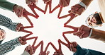 Business people, hands and below with star for teamwork, motivation or collaboration on a white background. Low angle or closeup of employees touching fingers for sign in unity, agreement or mission