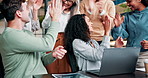 Teamwork, applause and business people on laptop with success, victory and achievement. Creative startup, collaboration and men and women high five for good news, bonus and winning on computer