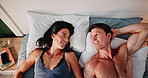 Couple, bed and sex with satisfaction above for love, intimacy or relax after intercourse at home. Top view of man, woman or lovers with smile for passion, affection or sexual seduction in bedroom