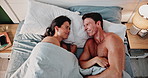 Love, peace and couple in bed with conversation, trust or night bonding chat in top view home together. Commitment, marriage and a bedroom speaking, calm and relax, connection or resting in a house