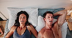 Happy couple, bed and sex with satisfaction above for love, intimacy or intercourse in relax at home. Top view of man, woman or lovers with smile for passion, affection or sexual seduction in bedroom