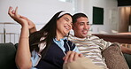 Couple, happy and hug or relax on sofa for date night or weekend break, romance and happiness with love or commitment. Man, woman and bonding on couch in new apartment or home, affection and care.