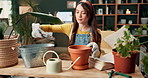 Home, gardening and woman with plant pot, soil and seeds with a gardener with fertilizer for growth. Calm, leaves and eco friendly in a living room on a sofa with planting tools and care in house