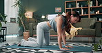 Fitness, yoga and woman stretching in home on sports mat for wellness, healthy body and flexibility. Balance, health and person in living room for calm exercise, pilates and workout in apartment