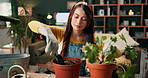 Home, gardening and woman with plant spade, pot and seeds with a gardener with soil for growth. Calm, leaves and eco friendly in a living room on a sofa with planting tools and care in house