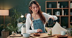 Woman, diet cooking and health food with matcha drink and green tea ingredient in a kitchen. Relax, smoothie and nutrition at morning with breakfast and detox in a home on a table with clean eating