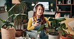 Plants, app and girl with phone in home to research care, tips and learning gardening online. House, fern and video recording in ai, chat or search on web about healthy leaves, growth and photography