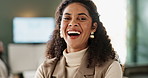 Portrait, business and woman laughing for meeting in office as accountant for finance agency with growth. Confident, smile and employee as corporate manager for development of project with teamwork