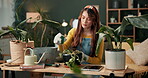 Woman, ph meter and dead plant with workshop, study and gardening tutorial with soil probe. Influencer, greenery and diy for home decor, green research and nature for eco friendly sustainability