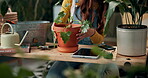 Woman, houseplant and hands for care with tablet, check and growth with sustainable botany for eco friendly inspection. Spring, leaves and organic nature, horticulture and tools or watering can