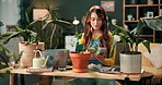 Woman, plant and care in home with tablet, online search and growth with sustainable botany app for eco friendly info. Houseplant, leaves and organic decor and typing, horticulture and happy gardener
