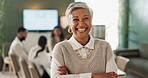 Face, mature woman and leadership with pride of business manager, mission or vision for company growth. Project leader, management and businesswoman in office, happy and arms crossed in meeting