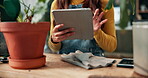 Woman, plants and growth in home with tablet, online search and scrolling with sustainable botany app for eco friendly info. Houseplant, leaves and organic nature decor, horticulture and web gardener