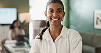 Portrait, Indian woman and smile as employee in office for career or job growth with opportunity. Female person, happy and meeting with pride or satisfied as accountant in startup company or business