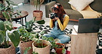 Gardening, photography and woman with plants in home for post on social media, blog and content creator. House, magazine and girl filming leaves with camera for creative project, art or remote work