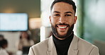 Face, smile and business man in office for meeting, coworking or leader in corporate suit. Portrait, entrepreneur and happy professional manager, employee and salesman working for career in company