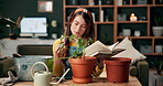 Woman, book and leaf with workshop plant, study and gardening tutorial with botany presentation. Influencer, greenery and diy for home decor, green research and nature for eco friendly sustainability