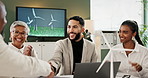 Applause, handshake and wind turbine model with business people in office boardroom for presentation. Deal, meeting and success and shaking hands for partnership agreement, thank you or welcome