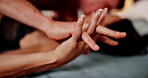 Couple, bedroom and hands for sex with love, trust and intimacy with passion, desire and romance for marriage or lust. Man, woman and bonding or intimate together for sexual pleasure and touching.