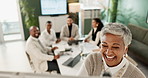 Businesspeople, presentation and meeting with happy manager in office with planning or teamwork. Company, smile and positive work environment with staff for train or mentor in workshop with leader