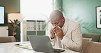 Sick, black man and sneeze with tissue in office for allergies, health problem and infection from virus. Allergy bacteria, mature executive and laptop with sinus, lens flare and toilet paper for nose