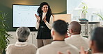 Applause, leader and business woman in presentation for training, coaching or celebrate in startup. Manager, success and speaker on screen with team clapping for happy financial advisor with erp data