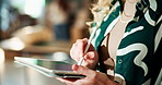 Office, woman and hand with stylus on tablet for communication, networking and research for project. Graphic design, agency and person with technology at work for digital news, report and planning