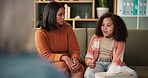 Mom, daughter and talking with therapist for mental health, trauma or behavior problem and sad. Psychology, parent and kid in counseling session for depression, anxiety and professional support