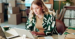 Woman, typing and online order on tablet in logistics for invoice, verify shipping information and distribution. Ecommerce, employee and supplier with inventory check, supply chain or package pricing