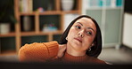 Woman, computer and neck pain for stress in office, tired and fatigue or mental health. Female person, injury and employee burnout at workplace, anxiety and frustrated for mistake tension or ache