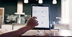 Application, scroll and tablet with hand on screen for user interface, navigation and search. Home, kitchen and person and menu on technology for software logo, digital media and internet connection