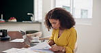 Business, woman and writing on paperwork for remote work with laptop, freelance project and copywriting. Entrepreneur, employee and creative research with proposal, blog editing and online planning