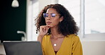 Glasses, laptop and thinking with remote work black woman in home office for startup employment. Computer, planning and small business with entrepreneur in apartment for development or research