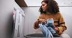 Woman, washing machine and laundry clothes for cleaning hygiene, housekeeping or chores. Female person, fabric and appliance in home or detergent routine in apartment or linen basket, dirty or tasks