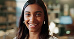 Face, business and Indian woman with smile, startup and career ambition with confidence in office. Portrait, happy entrepreneur and professional with success, humor and laughing with pride and owner