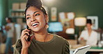 Phone call, tablet and black woman in startup for shipping, laughing or talking to stock supplier. Technology, smile and person in small business for online order, ecommerce or distribution logistics