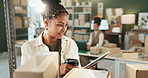 Woman, tablet and scanning package at small business for online shopping for order, shipping or logistics. Black person, label and code for dropshipping export for ecommerce sales, parcel or courier