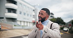 Business man, dancing and happiness in city with smile, steps and spin with bag for commute by office buildings. Person, employee or excited dancer with music, briefcase or outdoor on metro sidewalk