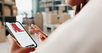 Person, hand and cellphone screen for online shopping or fashion website, product or shipping. Finger, sale and warehouse boxes or small business distribution with virtual stylist, app or purchase