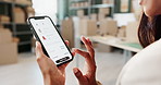 Hand, cellphone screen and online shopping for fashion purchase or shoes, digital app or product. Woman, scroll and shipping courier or virtual stylist in factory with boxes, supply chain or retail