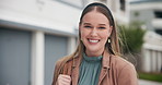 Portrait, smile and business woman in city with wind in hair, confidence and professional employee work in Sweden. Face, entrepreneur and agent in urban town outdoor for travel and morning commute
