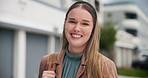 Portrait, wind and business woman in city with confidence, hair and professional employee work in Sweden. Face, happy entrepreneur and consultant in urban town outdoor for travel and morning commute