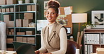 Portrait, woman and desk with laptop in office, order and packages for small business. Computer, online and shipping or distribution for logistics, retail and fashion supplier for female entrepreneur