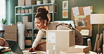 Woman, laptop and box for shipping parcel or supply chain logistics or online shopping, order or small business. Female person, packaging and distribution process or customer service, export or sales